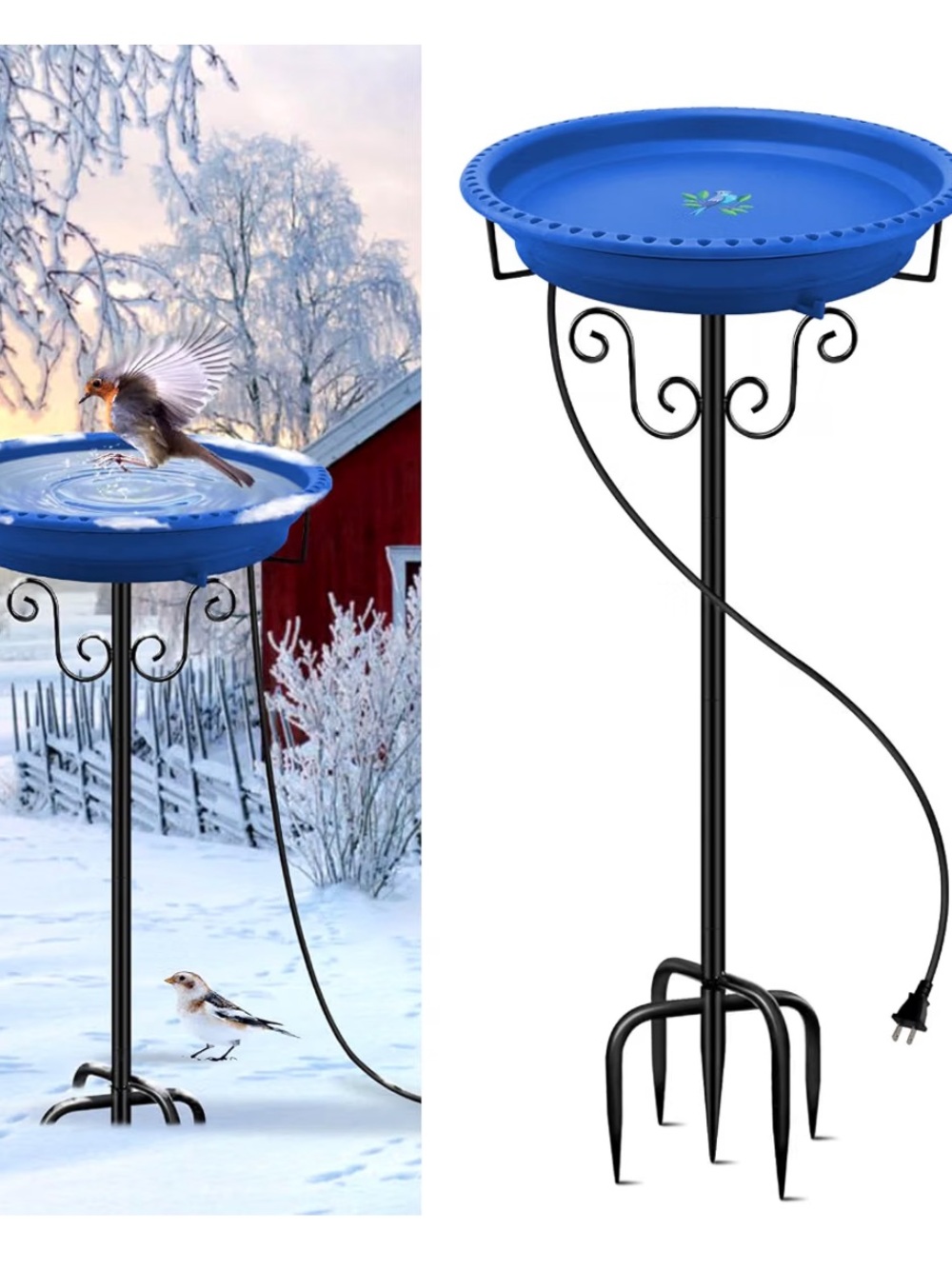 Heated Bird Bath for Outdoors Winter, 100W Heated Birdbath with Stake Blue041